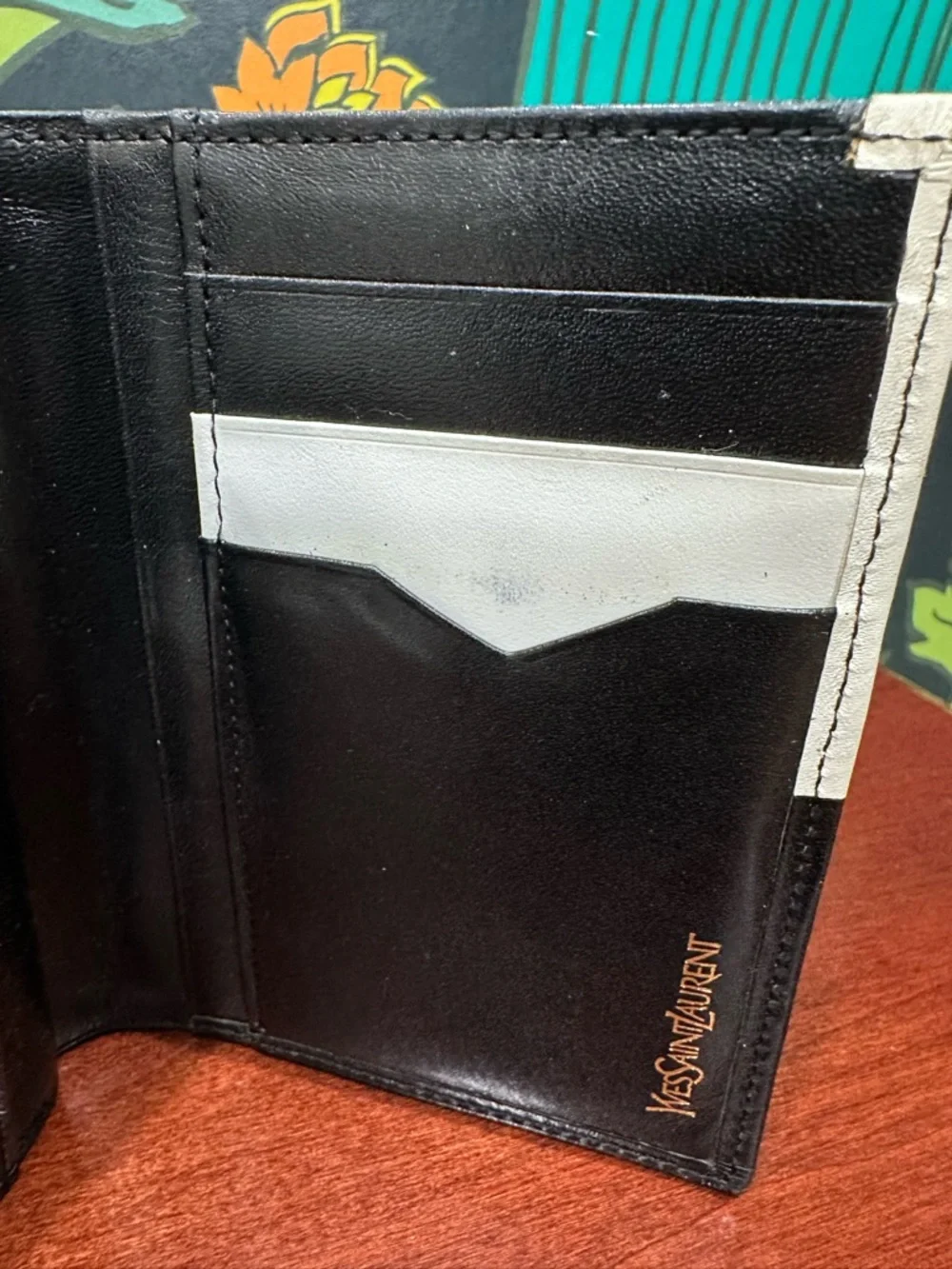 Yves Saint Laurent YSL Leather Wallet Black White Logo Trifold - Picture 12 of 12